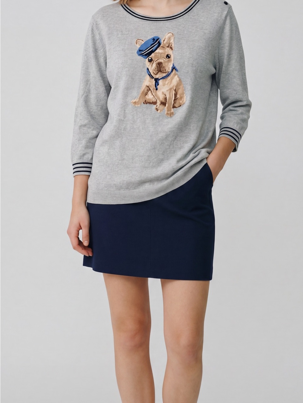 Talbots sweater Light weight cotton French Bulldog sailor hat Old Money Preppy